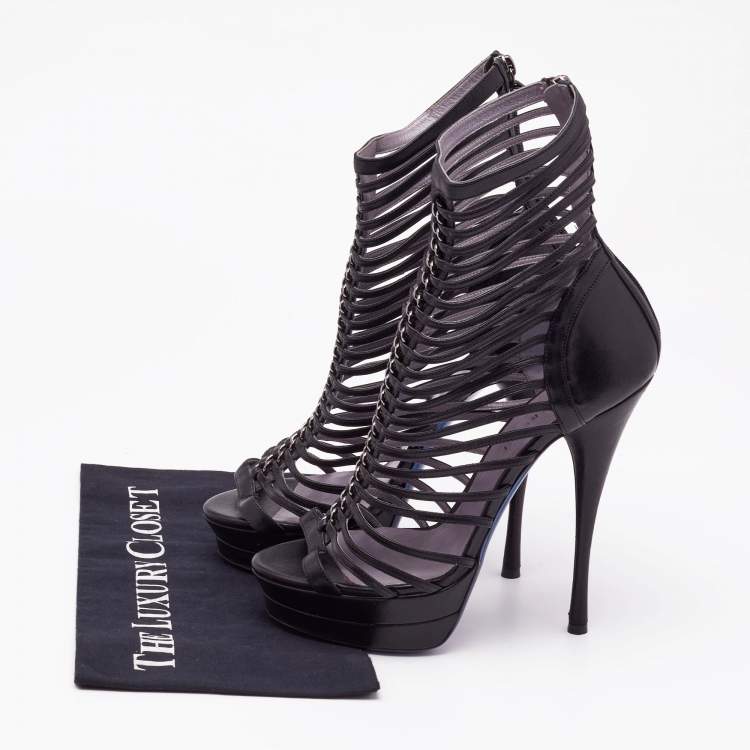 Pre Owned Versace Black Leather Platform Cage Sandals Size 40