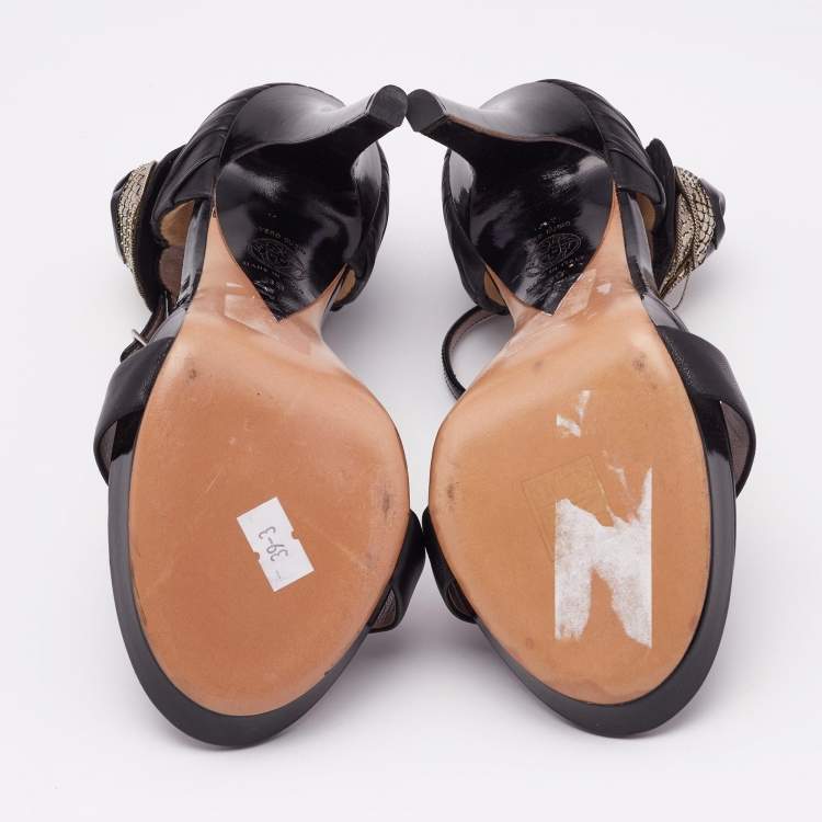 Pre Owned Versace Black Leather Flower Bow T- Strap Sandals Size 39        