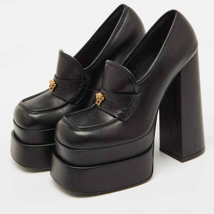 Pre Owned Versace Black Leather Aevitas Platform Block Heel Pumps Size 39