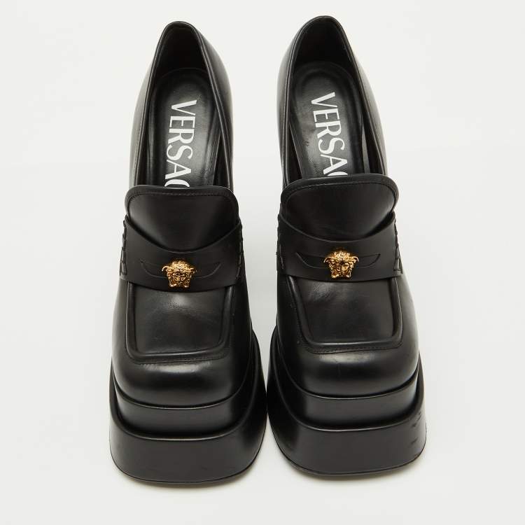 Pre Owned Versace Black Leather Aevitas Platform Block Heel Pumps Size 39