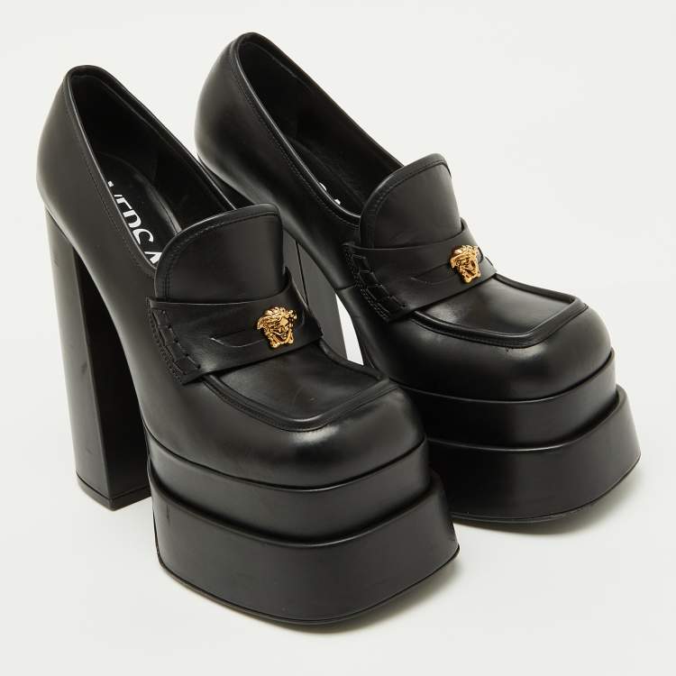 Pre Owned Versace Black Leather Aevitas Platform Block Heel Pumps Size 39