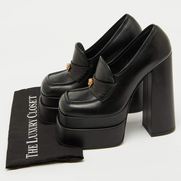 Pre Owned Versace Black Leather Aevitas Platform Block Heel Pumps Size 39