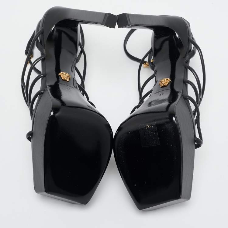 Pre Owned Versace Black Leather Greca Cage Platform Sandals Size 41