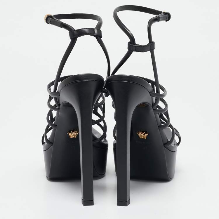 Pre Owned Versace Black Leather Greca Cage Platform Sandals Size 41