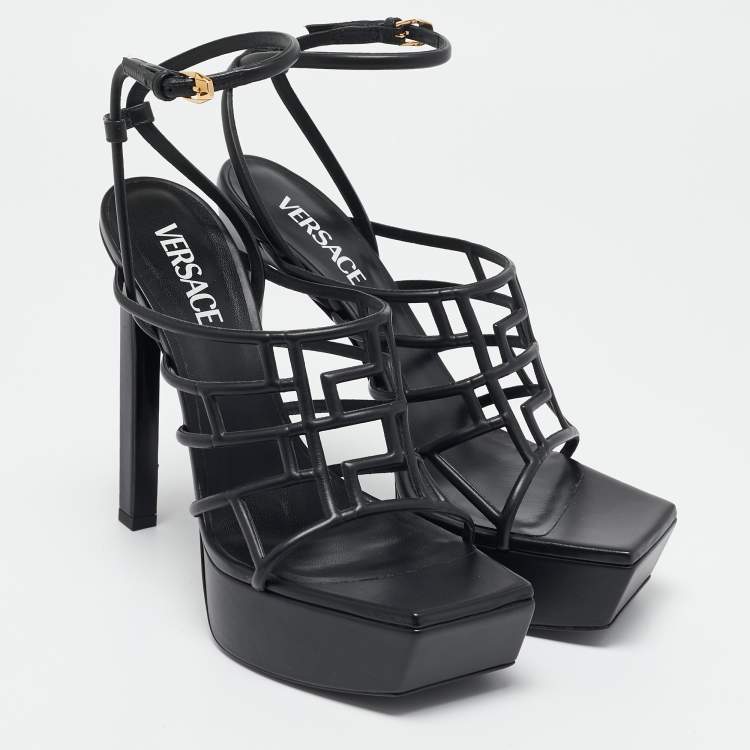 Pre Owned Versace Black Leather Greca Cage Platform Sandals Size 41