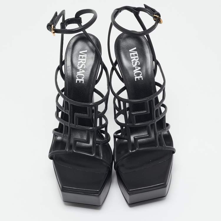 Pre Owned Versace Black Leather Greca Cage Platform Sandals Size 41