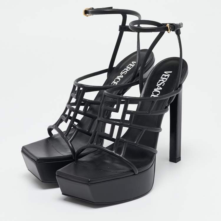 Pre Owned Versace Black Leather Greca Cage Platform Sandals Size 41