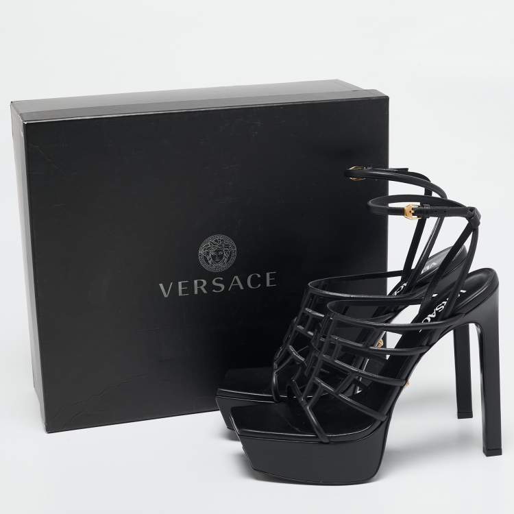 Pre Owned Versace Black Leather Greca Cage Platform Sandals Size 41