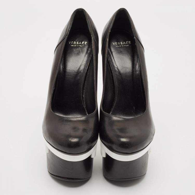 Pre Owned Versace Black/White Leather Triple Platform Pumps Size 35