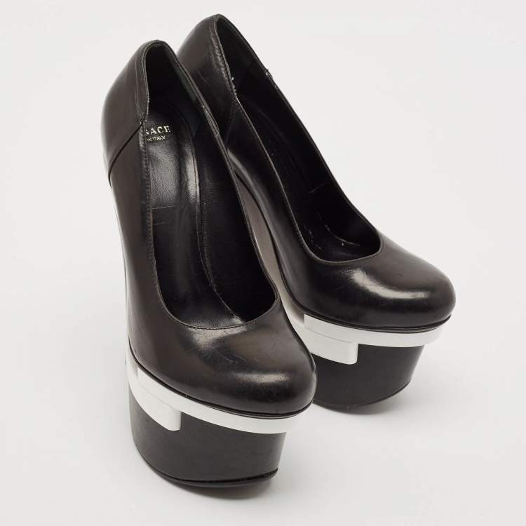 Pre Owned Versace Black/White Leather Triple Platform Pumps Size 35