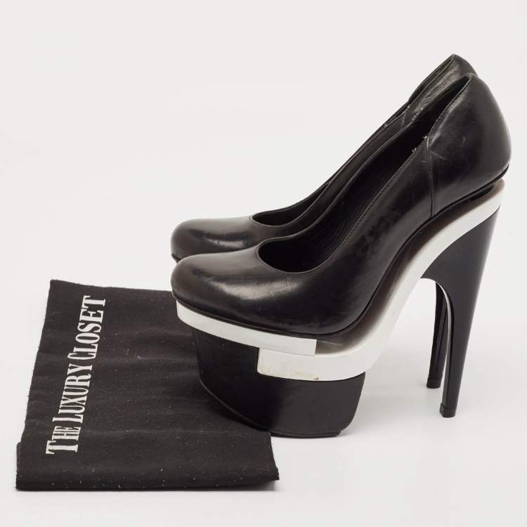 Pre Owned Versace Black/White Leather Triple Platform Pumps Size 35