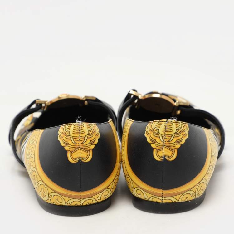 Pre Owned Versace Yellow/Black Leather Savage Wild Barocco Ballet Flats Size 38