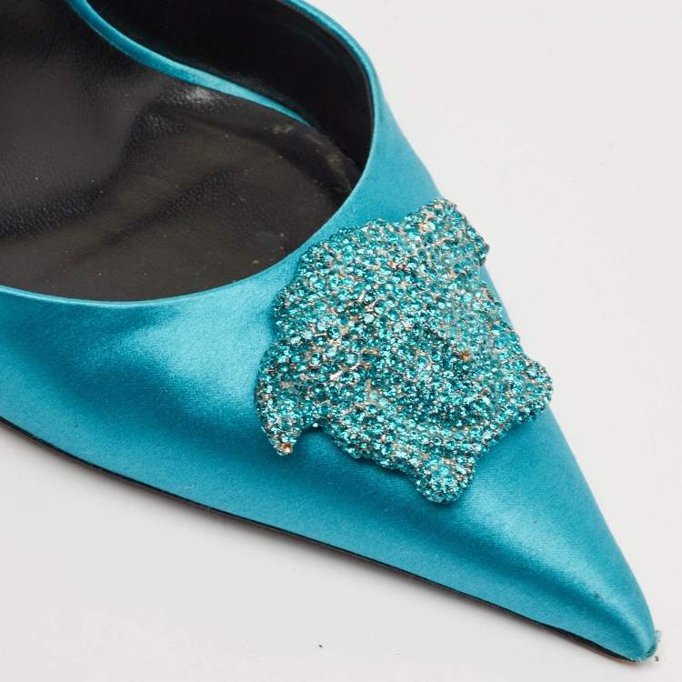 Pre Owned Versace Green Satin Crystal Embellished La Medusa Slingback Pumps Size 35