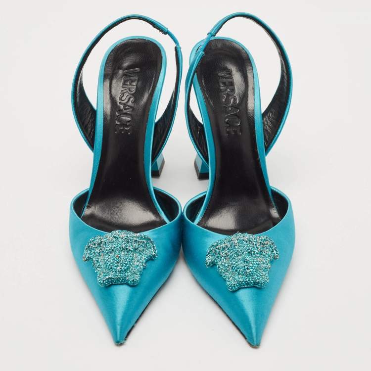Pre Owned Versace Green Satin Crystal Embellished La Medusa Slingback Pumps Size 35
