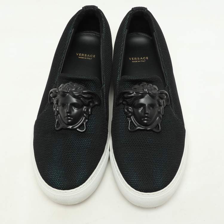 Pre Owned Versace Black/Green Mesh Medusa Slip On Sneakers Size 39