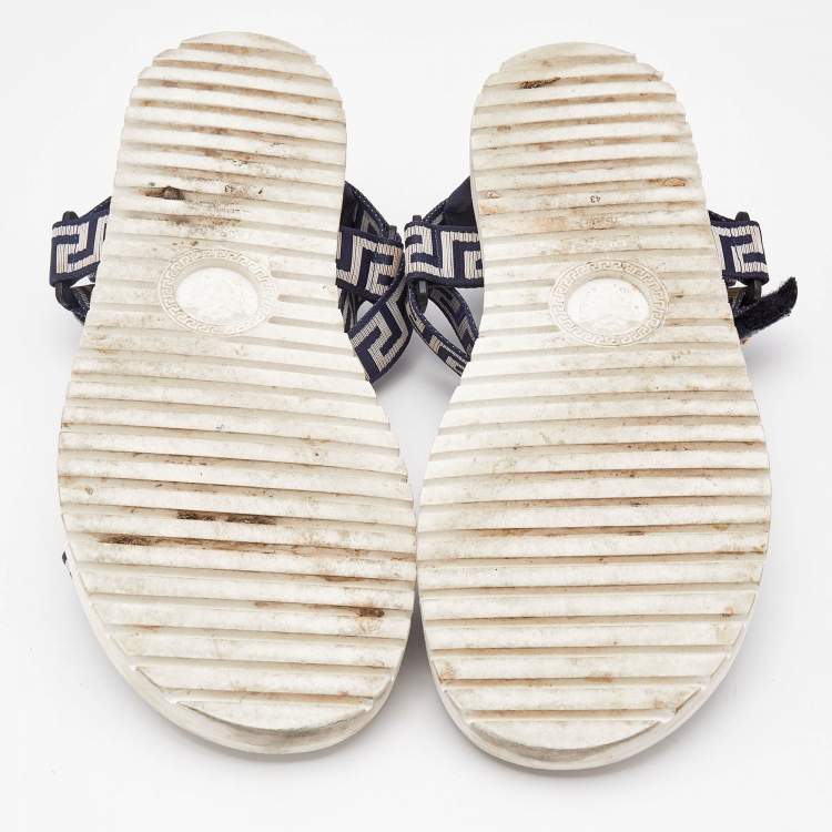 Pre Owned Versace Navy Blue/White Canvas La Greca Flat Sandals Size 43