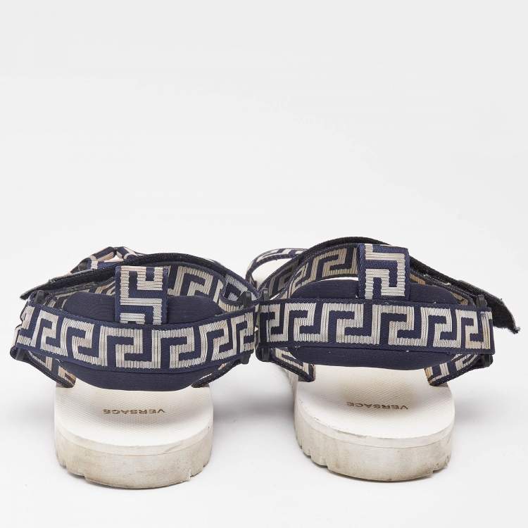 Pre Owned Versace Navy Blue/White Canvas La Greca Flat Sandals Size 43