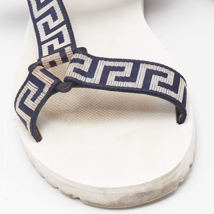 Pre Owned Versace Navy Blue/White Canvas La Greca Flat Sandals Size 43