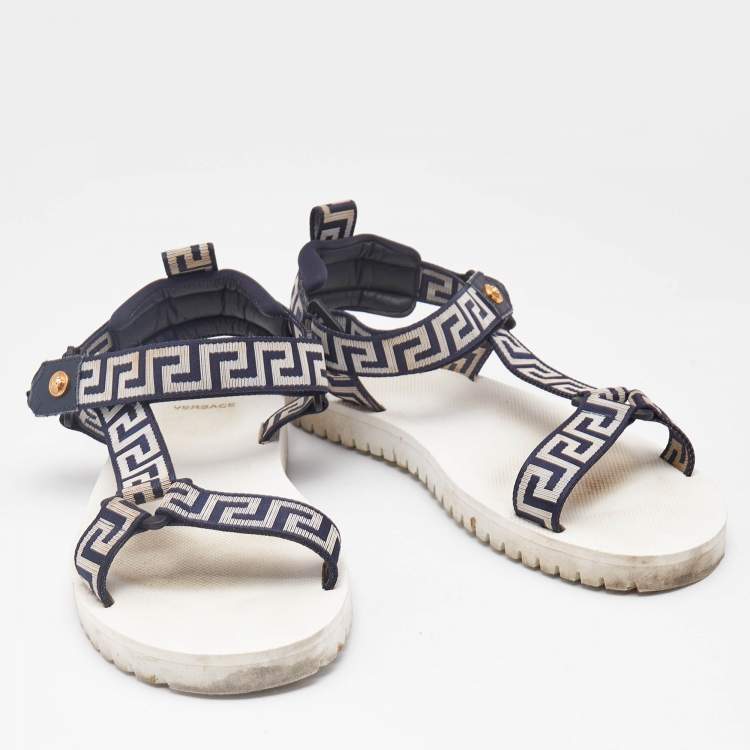 Pre Owned Versace Navy Blue/White Canvas La Greca Flat Sandals Size 43