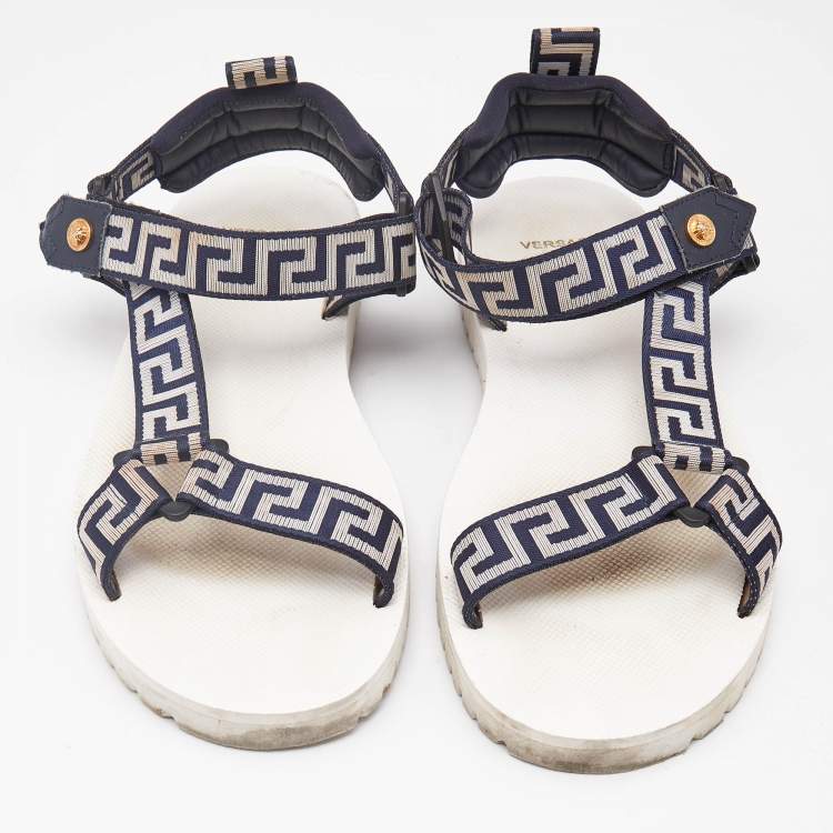 Pre Owned Versace Navy Blue/White Canvas La Greca Flat Sandals Size 43