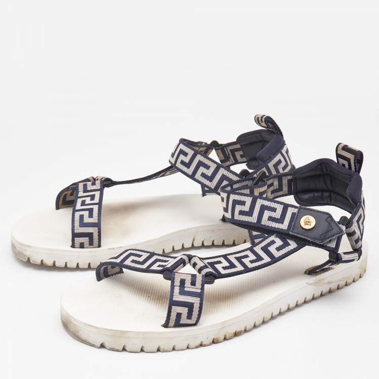 Pre Owned Versace Navy Blue/White Canvas La Greca Flat Sandals Size 43