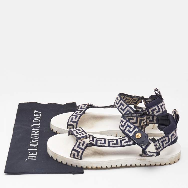 Pre Owned Versace Navy Blue/White Canvas La Greca Flat Sandals Size 43
