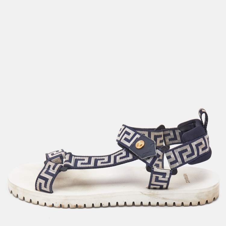 Pre Owned Versace Navy Blue/White Canvas La Greca Flat Sandals Size 43