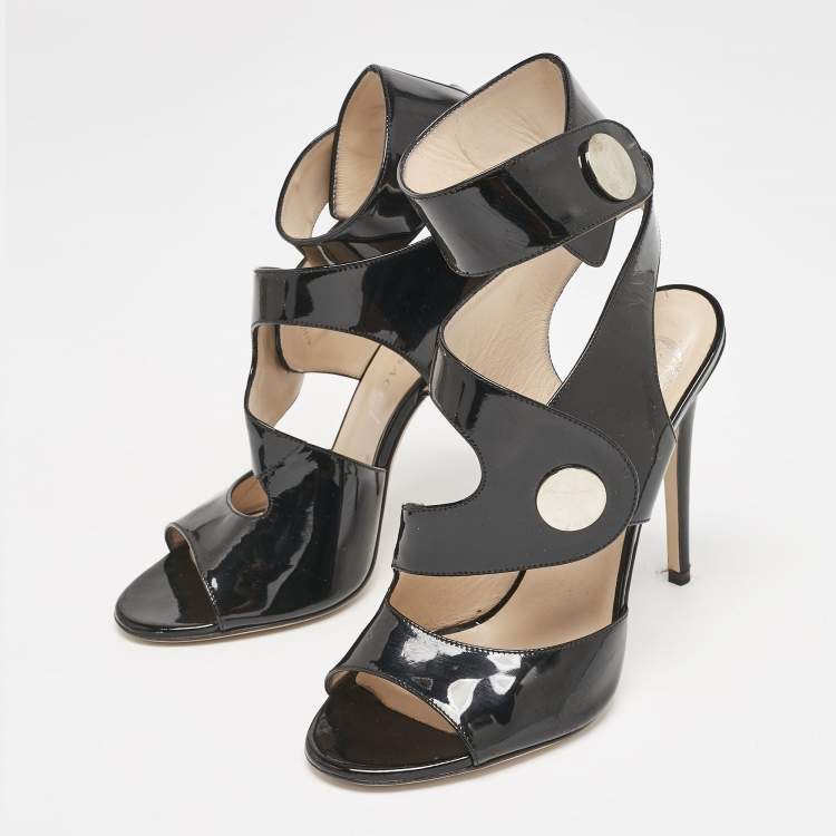 Pre Owned Versace Black Patent Leather Cutout Open Toe Ankle Cuff Sandals Size 40