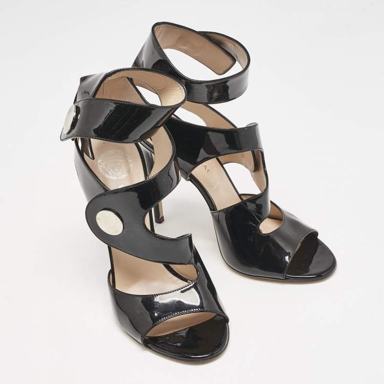 Pre Owned Versace Black Patent Leather Cutout Open Toe Ankle Cuff Sandals Size 40