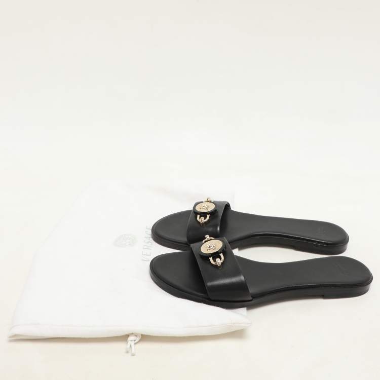 Pre Owned Versace Black Leather Medusa Flat Slides Size 37