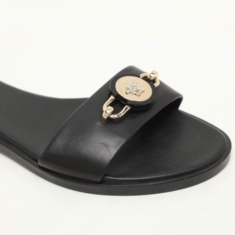 Pre Owned Versace Black Leather Medusa Flat Slides Size 37