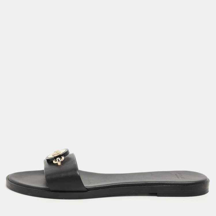 Pre Owned Versace Black Leather Medusa Flat Slides Size 37