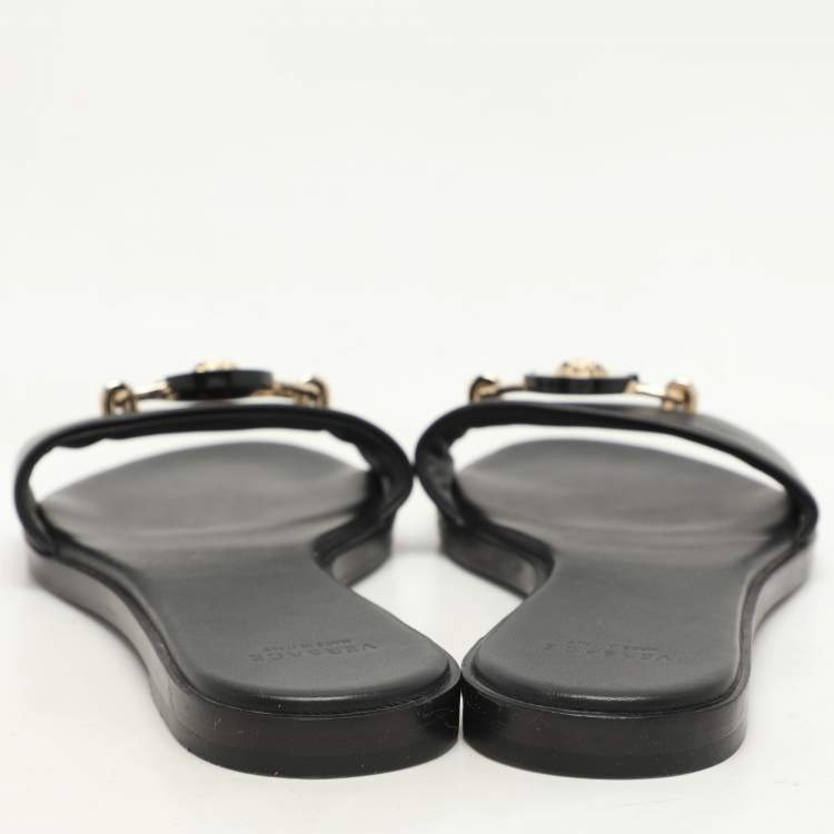 Pre Owned Versace Black Leather Medusa Flat Slides Size 37