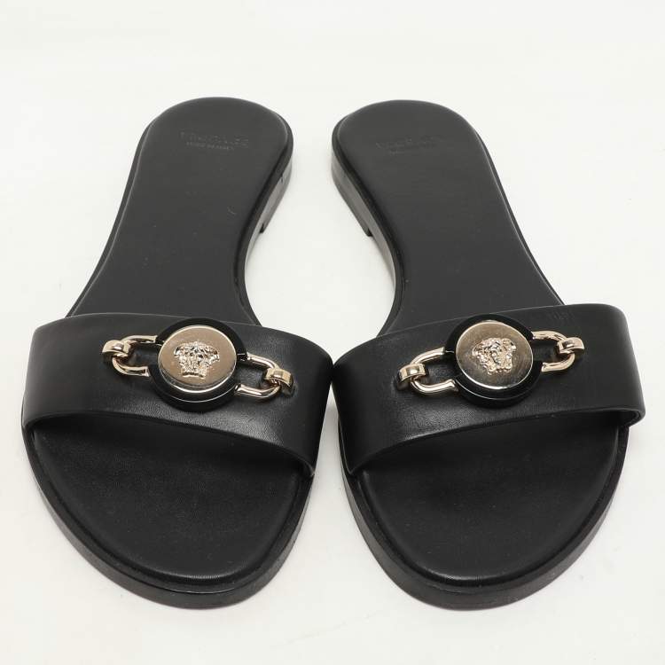 Pre Owned Versace Black Leather Medusa Flat Slides Size 37