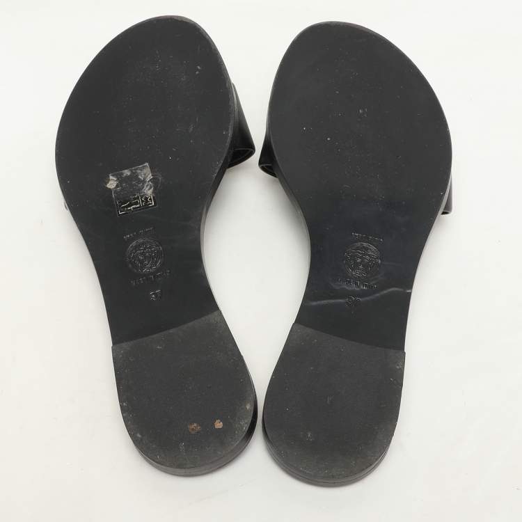 Pre Owned Versace Black Leather Medusa Flat Slides Size 37