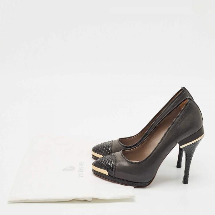 Pre Owned Versace Grey/Black Python Leather and Canvas Platform Pumps Size 39