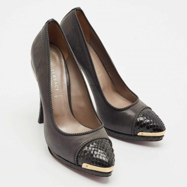 Pre Owned Versace Grey/Black Python Leather and Canvas Platform Pumps Size 39