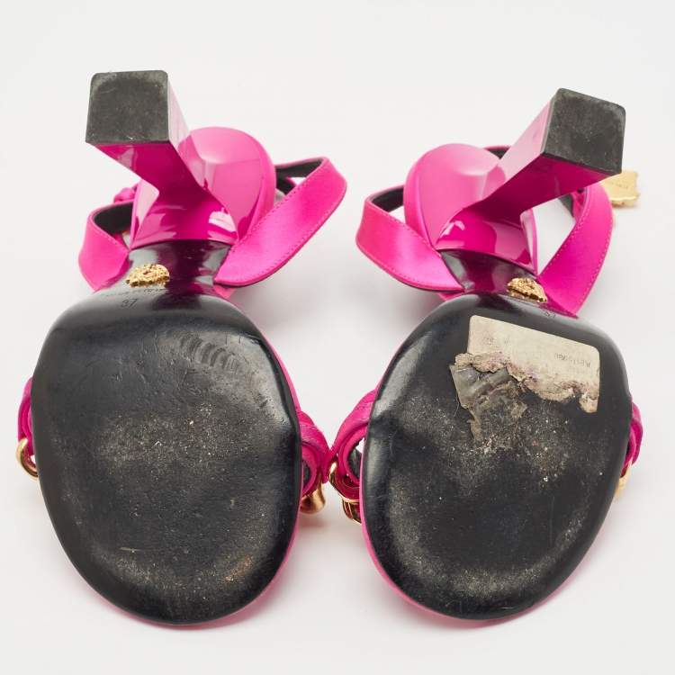Pre Owned Versace Pink Satin Medusa Chain Ankle Strap Sandals Size 37