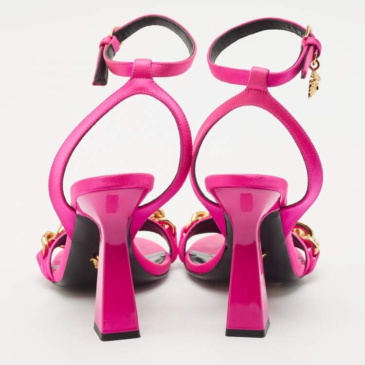 Pre Owned Versace Pink Satin Medusa Chain Ankle Strap Sandals Size 37