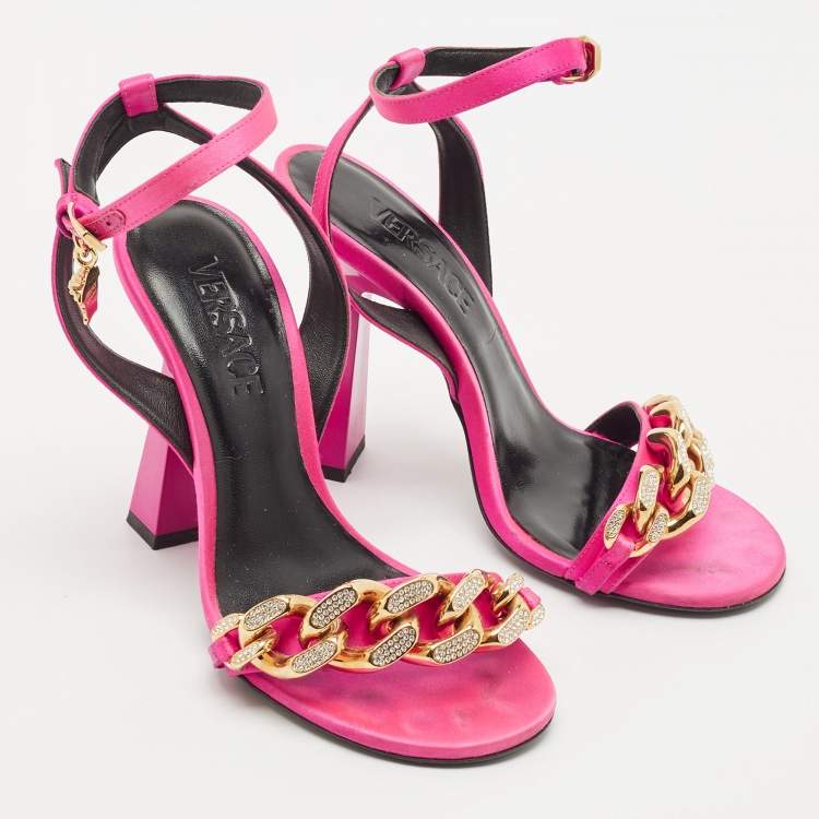 Pre Owned Versace Pink Satin Medusa Chain Ankle Strap Sandals Size 37