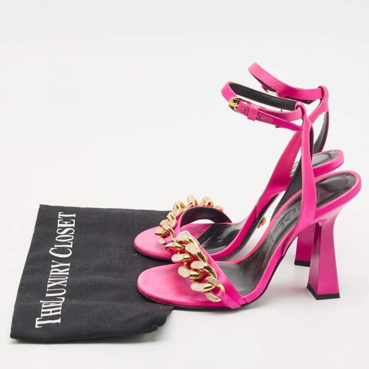 Pre Owned Versace Pink Satin Medusa Chain Ankle Strap Sandals Size 37