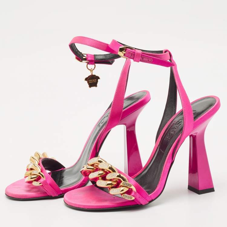 Pre Owned Versace Pink Satin Medusa Chain Ankle Strap Sandals Size 37