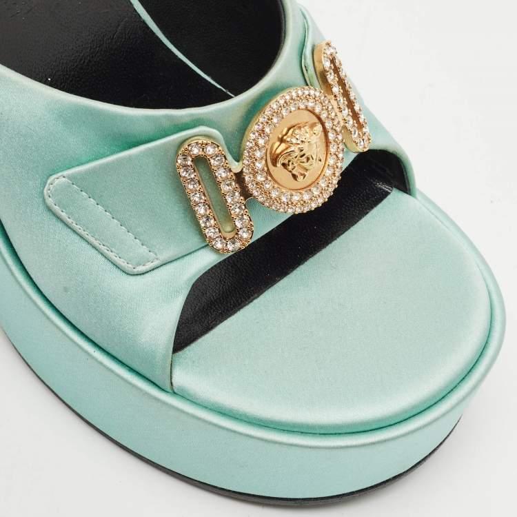 Pre Owned Versace Mint Green Satin Medusa Biggie Platform Mules Size 38