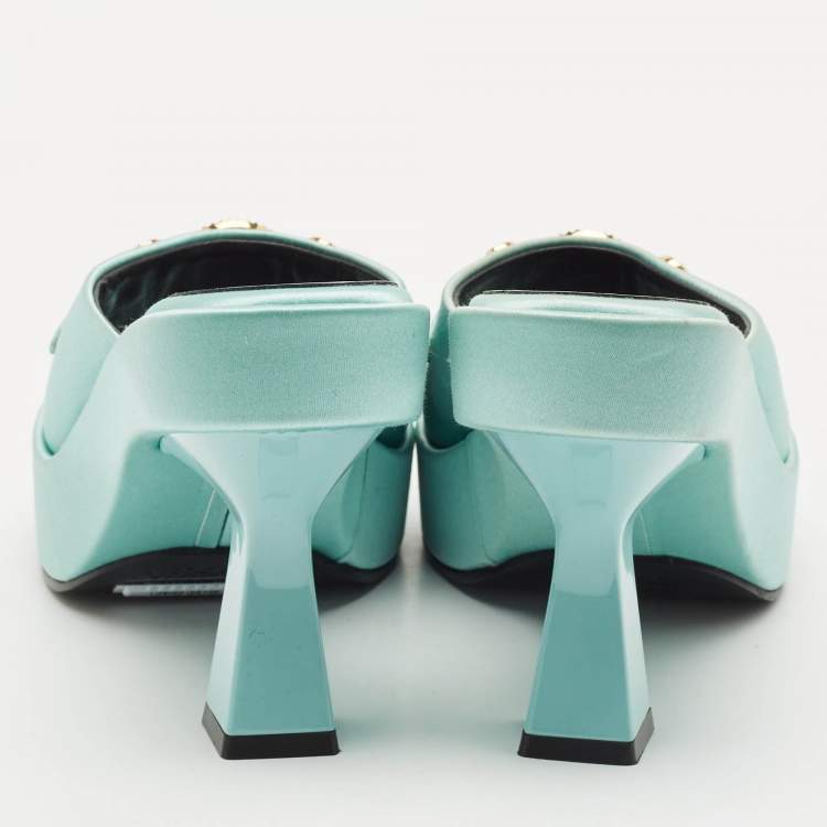 Pre Owned Versace Mint Green Satin Medusa Biggie Platform Mules Size 38