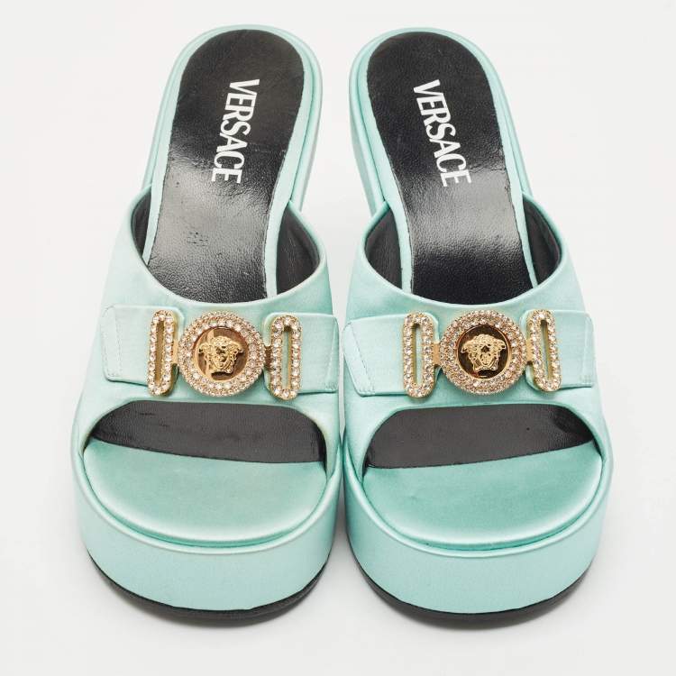 Pre Owned Versace Mint Green Satin Medusa Biggie Platform Mules Size 38