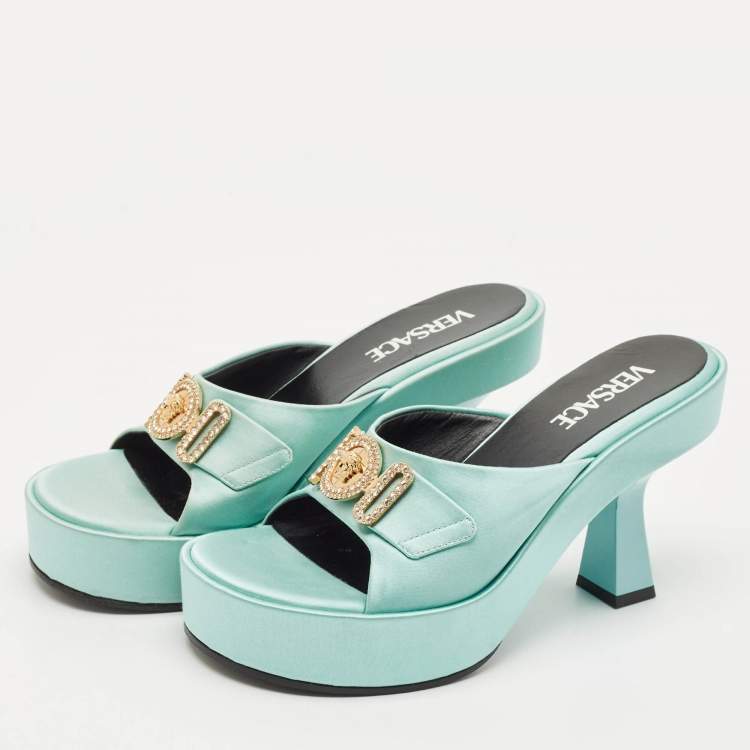 Pre Owned Versace Mint Green Satin Medusa Biggie Platform Mules Size 38