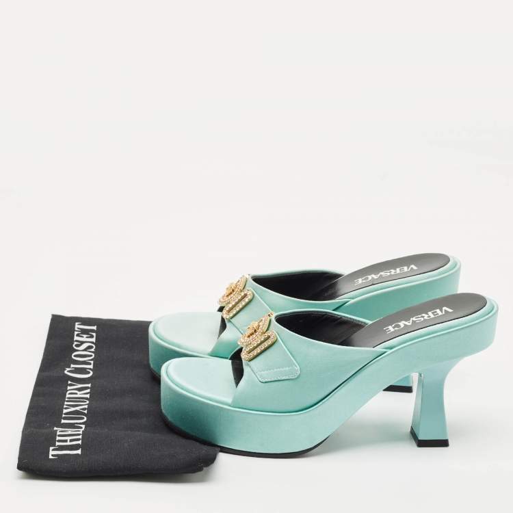 Pre Owned Versace Mint Green Satin Medusa Biggie Platform Mules Size 38