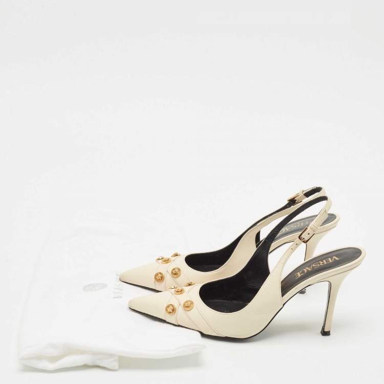 Pre Owned Versace Off White Leather Logo Detail Pointed Toe Slingback Pumps Size 38