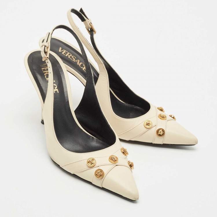 Pre Owned Versace Off White Leather Logo Detail Pointed Toe Slingback Pumps Size 38