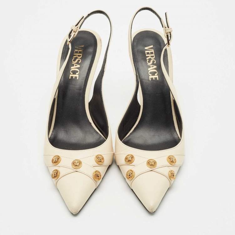 Pre Owned Versace Off White Leather Logo Detail Pointed Toe Slingback Pumps Size 38